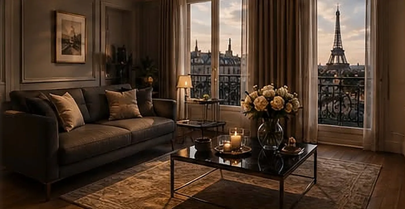 Salon élégant avec vue sur la tour Eiffel