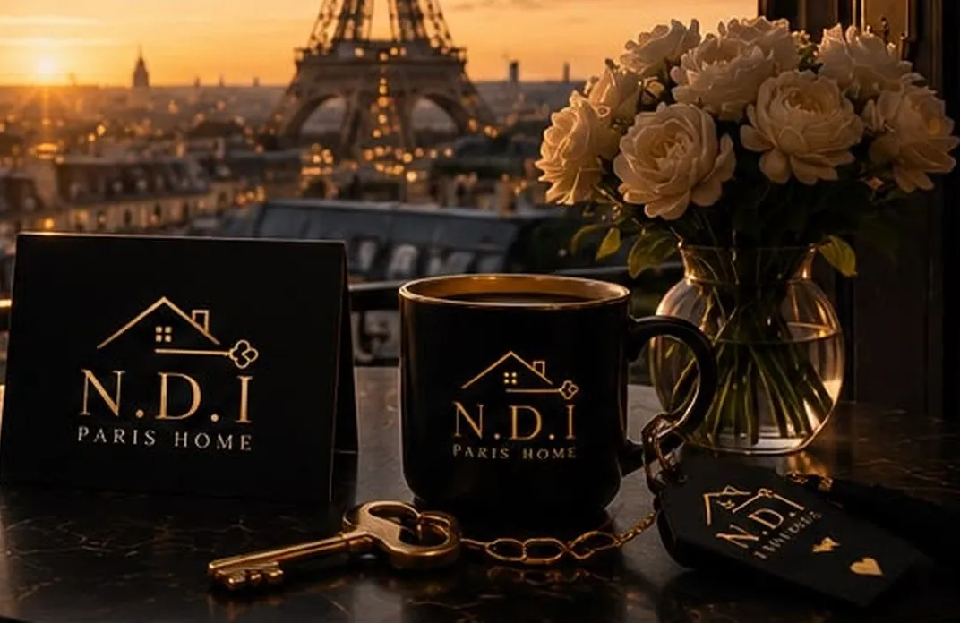 Table d’accueil avec carte N.D.I PARIS HOME, café et fleurs face à Paris